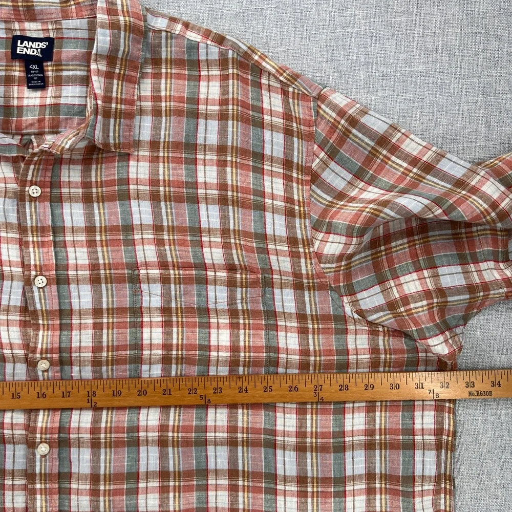 Lands End Linen Shirt‎ Plaid Short Sleeve Men 4XL Multicolor Coastal Resort